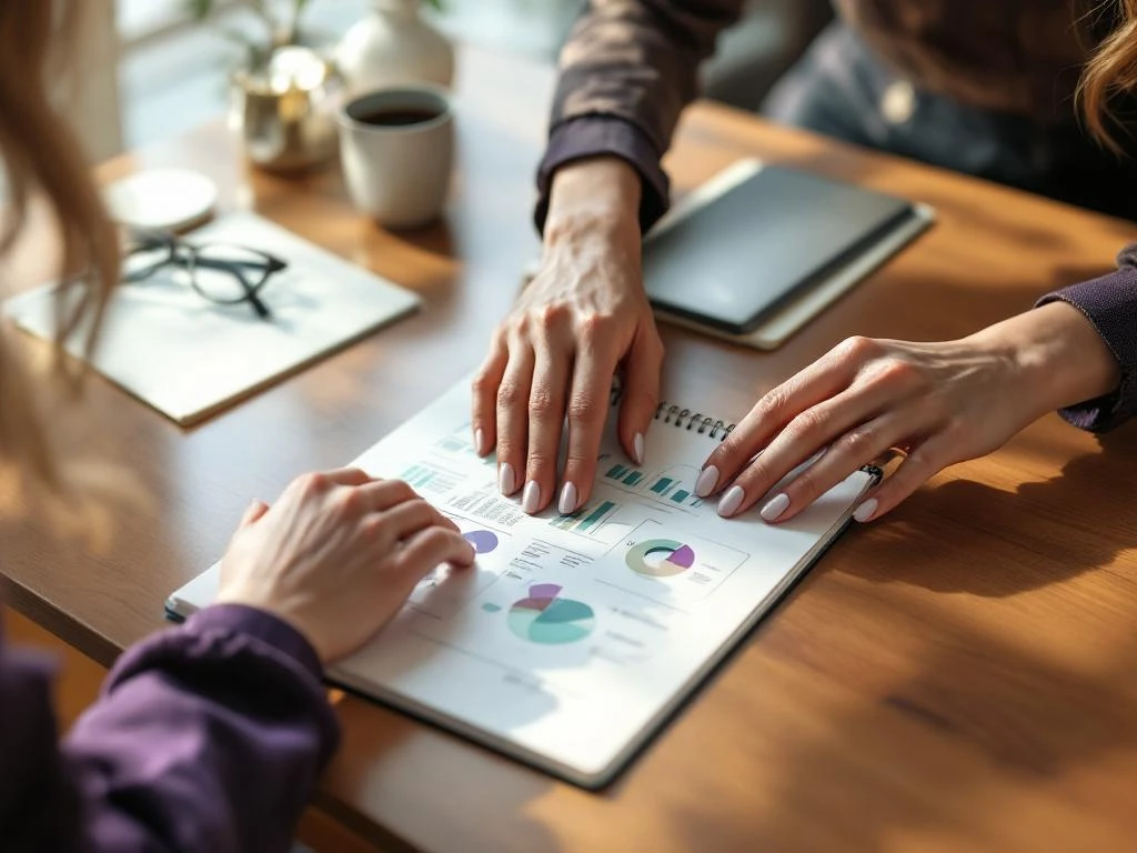 Two professional women's hands reaching across table in mentoring gesture over notebook with strategic diagrams