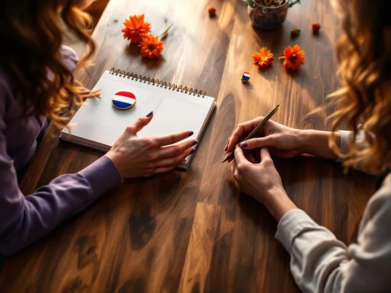 Two professional women's hands in mentoring session over wooden table with notebook, Dutch flag pin, and orange flowers