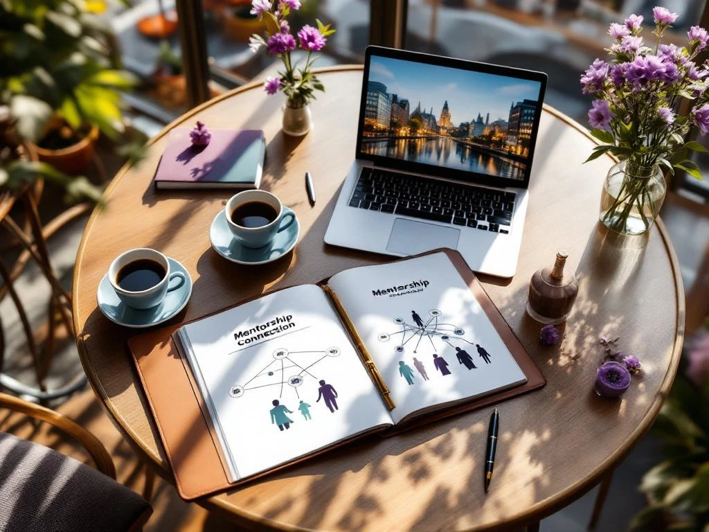 Mentorship connection diagrams on leather portfolio at Amsterdam café table with laptop, coffee, and canal houses in background
