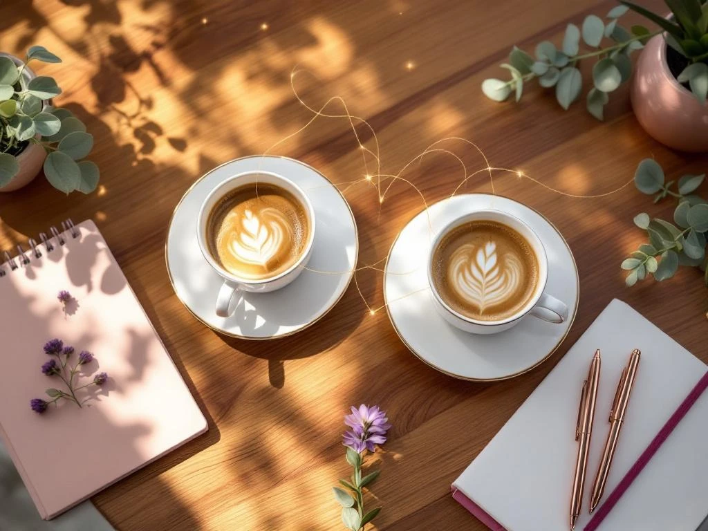 Two coffee cups connected by golden thread on wooden table with notebook and eucalyptus, symbolizing mentorship bonds