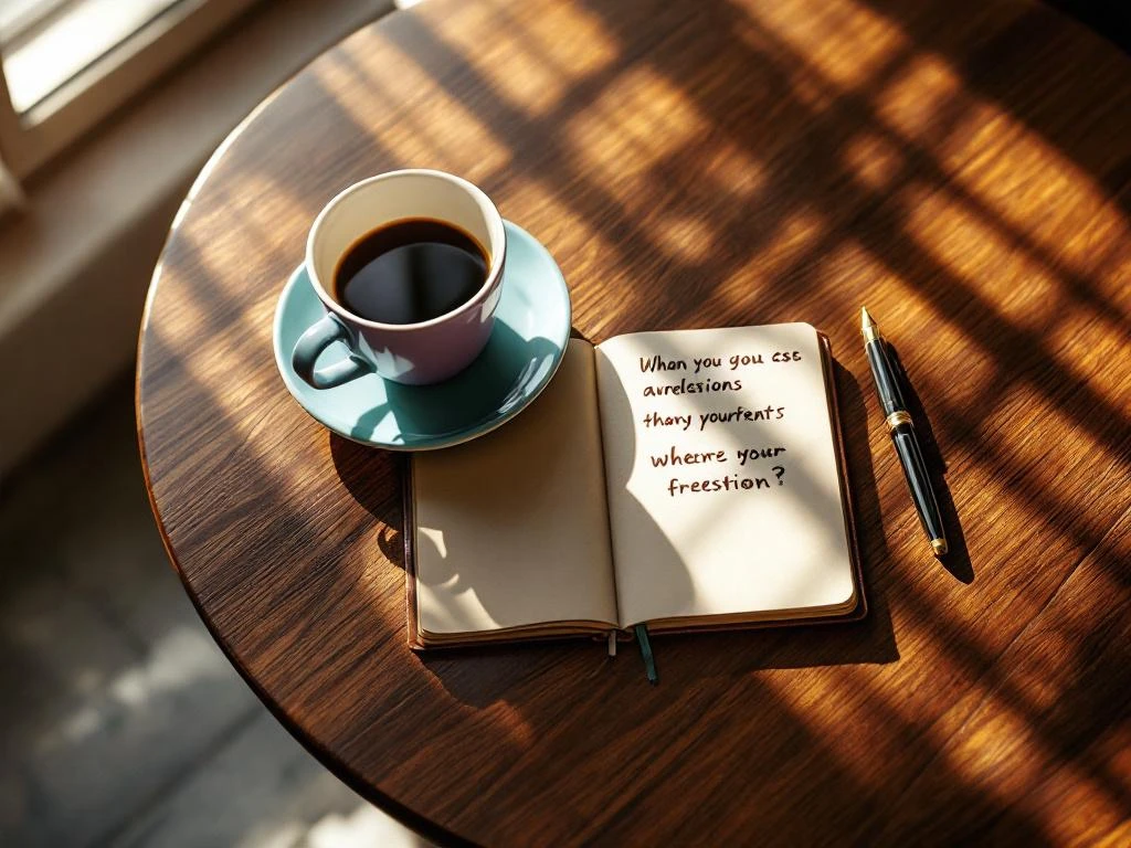 Two coffee cups on wooden table with open journal and fountain pen between them, suggesting mentorship conversation