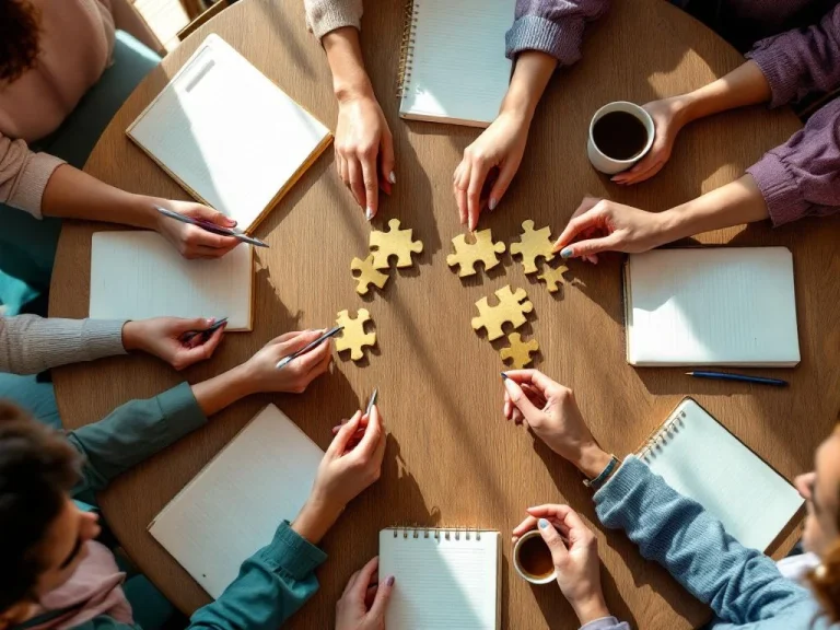 Diverse women's hands collaborating around table with golden puzzle piece, notebooks, and coffee cups in warm sunlight