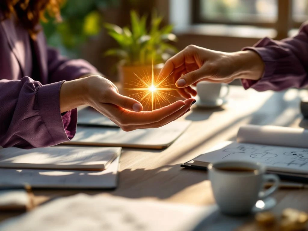 Two businesswomen's hands passing a golden compass across a desk, symbolizing mentorship and guidance in the workplace