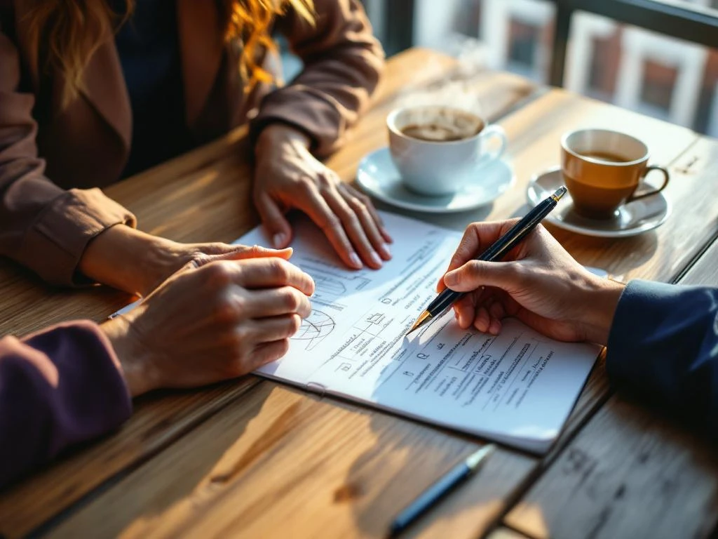 Mentor and mentee hands reviewing strategic notes in notebook on wooden table with coffee
