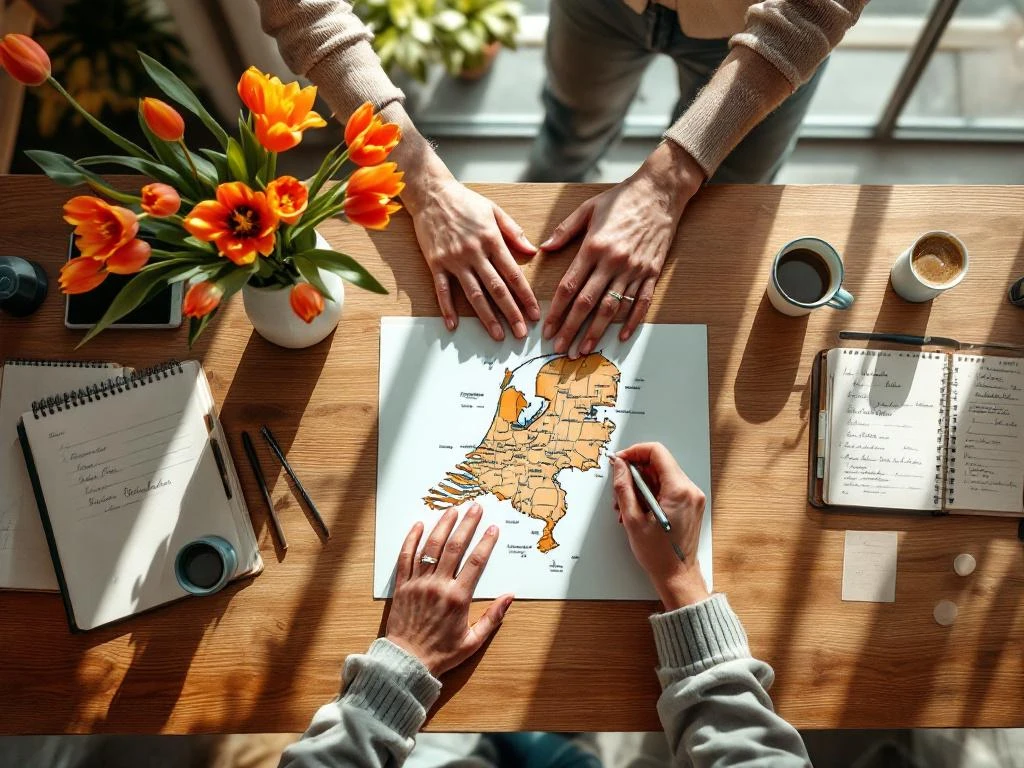 Two pairs of hands collaborating over Dutch map, tulips, and notebooks on wooden table in mentorship setting