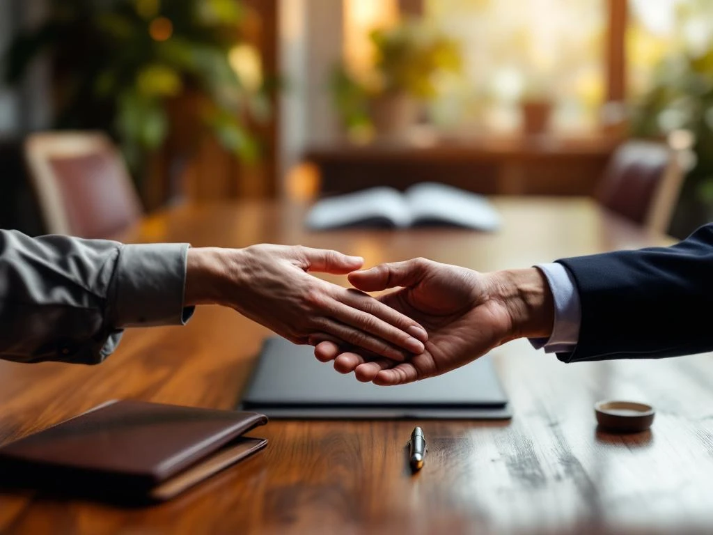 Two professional hands reaching across a conference table in mentorship gesture, with portfolio and pen in modern office setting