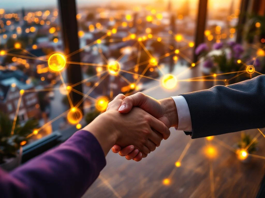 Two women's hands in mentorship handshake with aerial view of Dutch canal houses connected by glowing golden network pathways