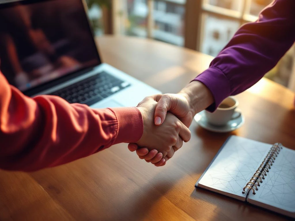 Two women's hands clasping in supportive handshake over minimalist desk with laptop and coffee, Amsterdam windows behind