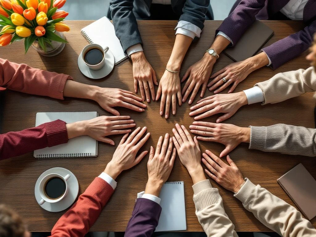 Diverse hands from different generations joined in circle on conference table during mentorship meeting with coffee and notebooks