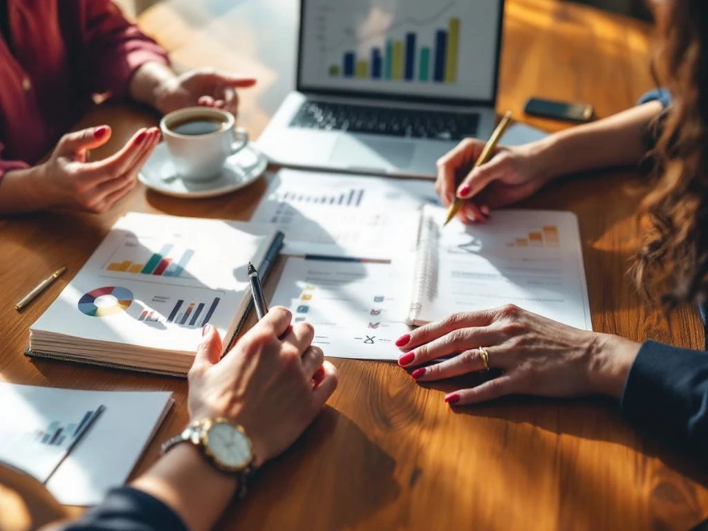 Two professional women's hands collaborating at mentorship meeting with laptop, documents, and coffee on wooden table