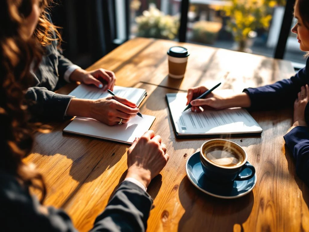 Two professional women's hands during mentorship meeting, one gesturing while other takes notes at wooden table with laptop
