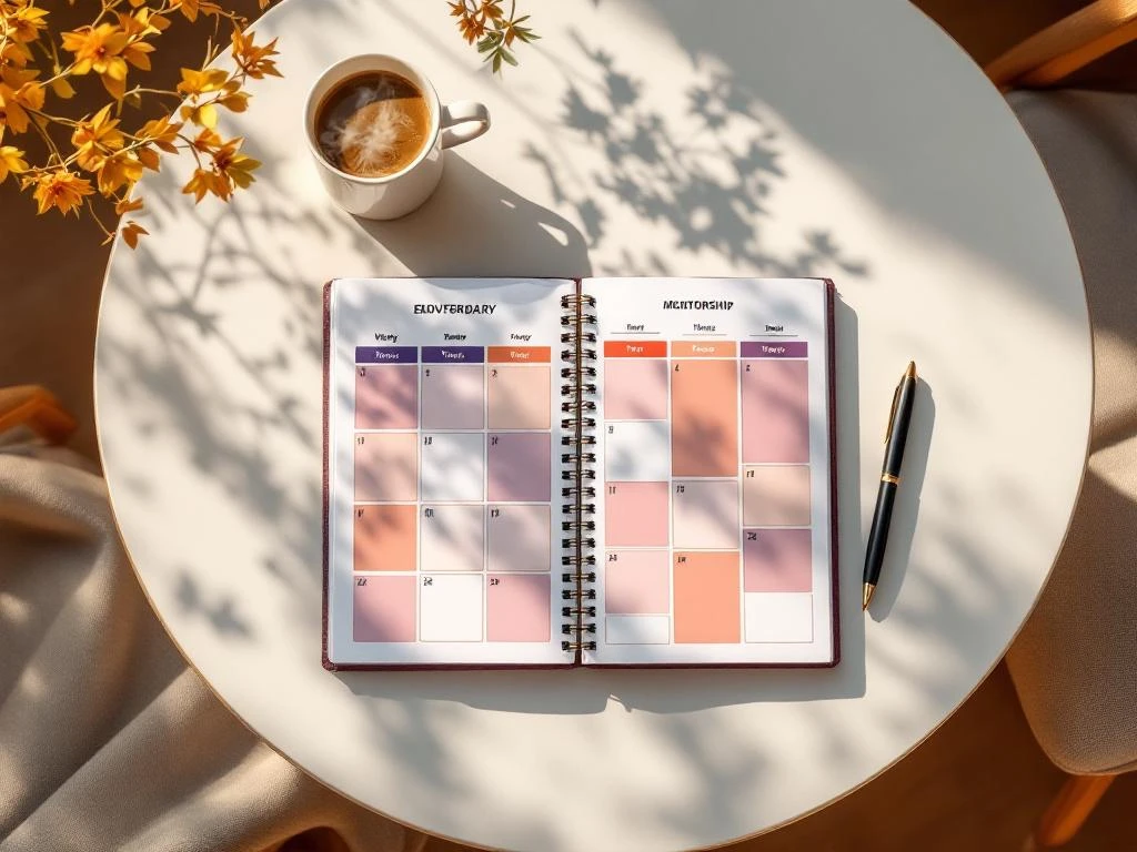 Open weekly planner with color-coded schedule blocks, coffee cup, and pen on round table in natural light