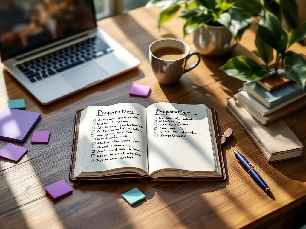 Overhead view of workspace with open journal, laptop showing checklist, coffee, and professional development books in natural light