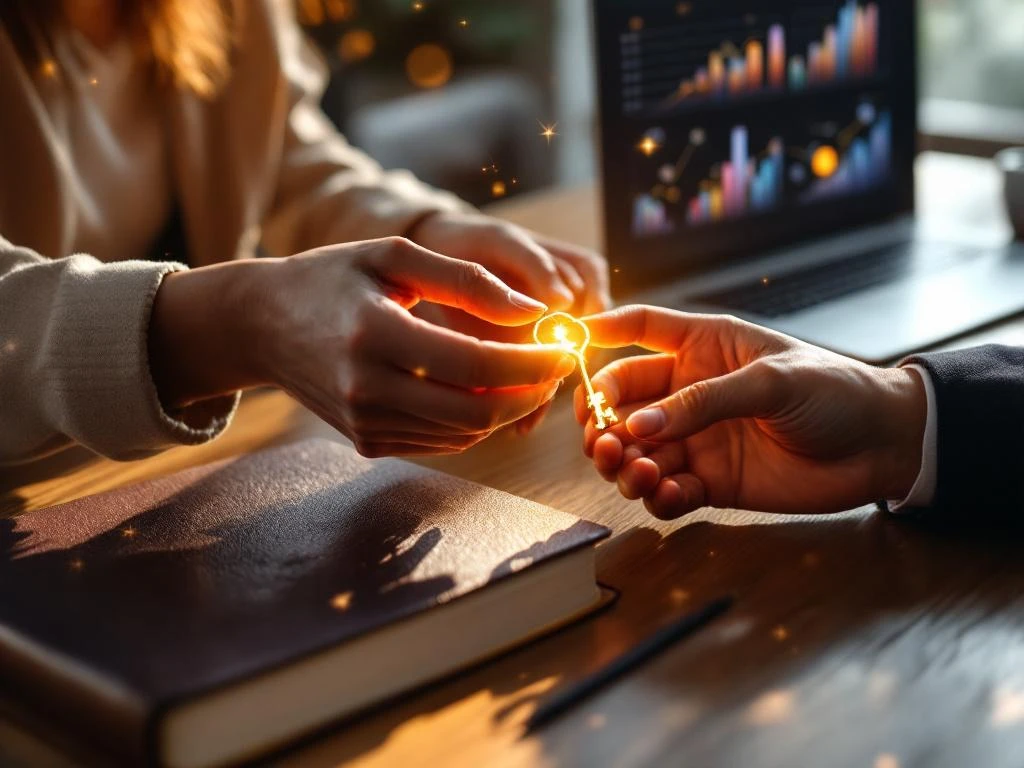 Two professional women's hands exchanging a golden key over a desk with laptop and journal, symbolizing mentorship and skill development