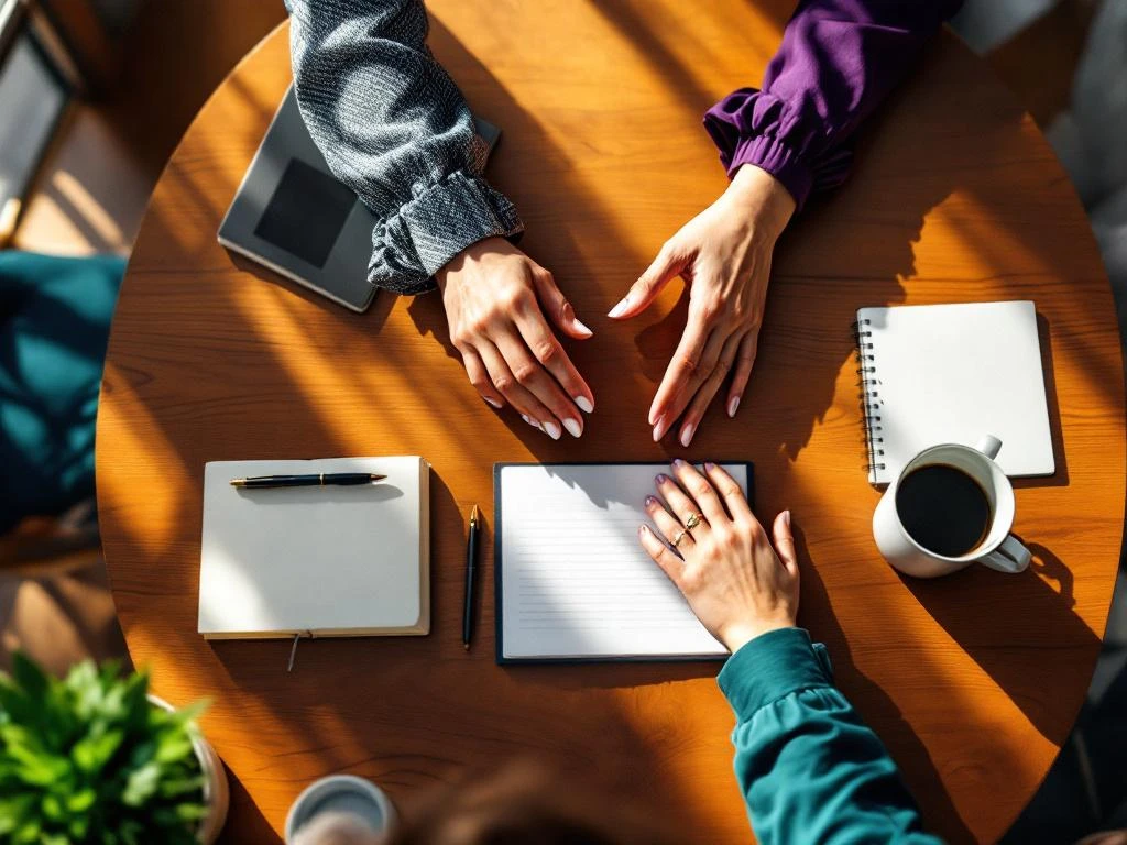 Two professional women's hands across a conference table in mentorship gesture with notebooks and coffee cups