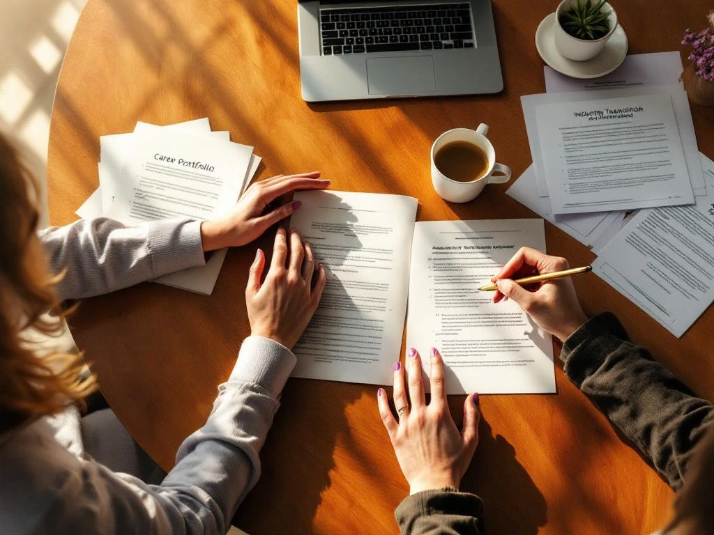 Two professional women's hands reviewing career documents and portfolio on wooden table during mentorship meeting