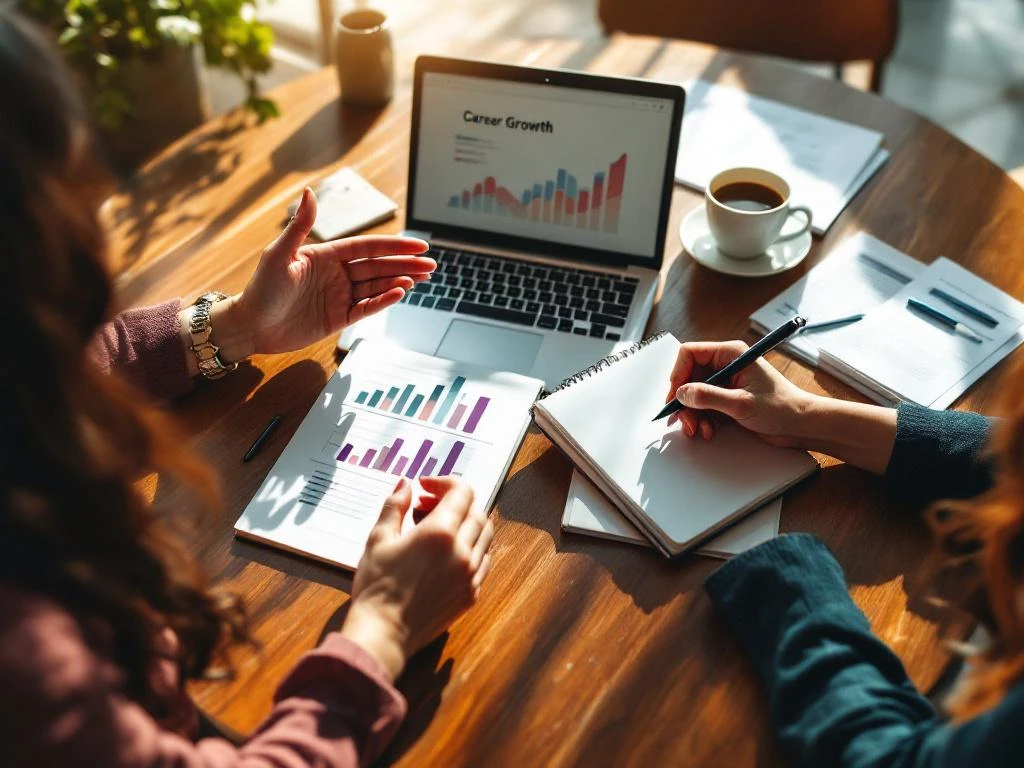 Two professional women's hands during mentoring session with laptop showing career charts, journal, and coffee on wooden table