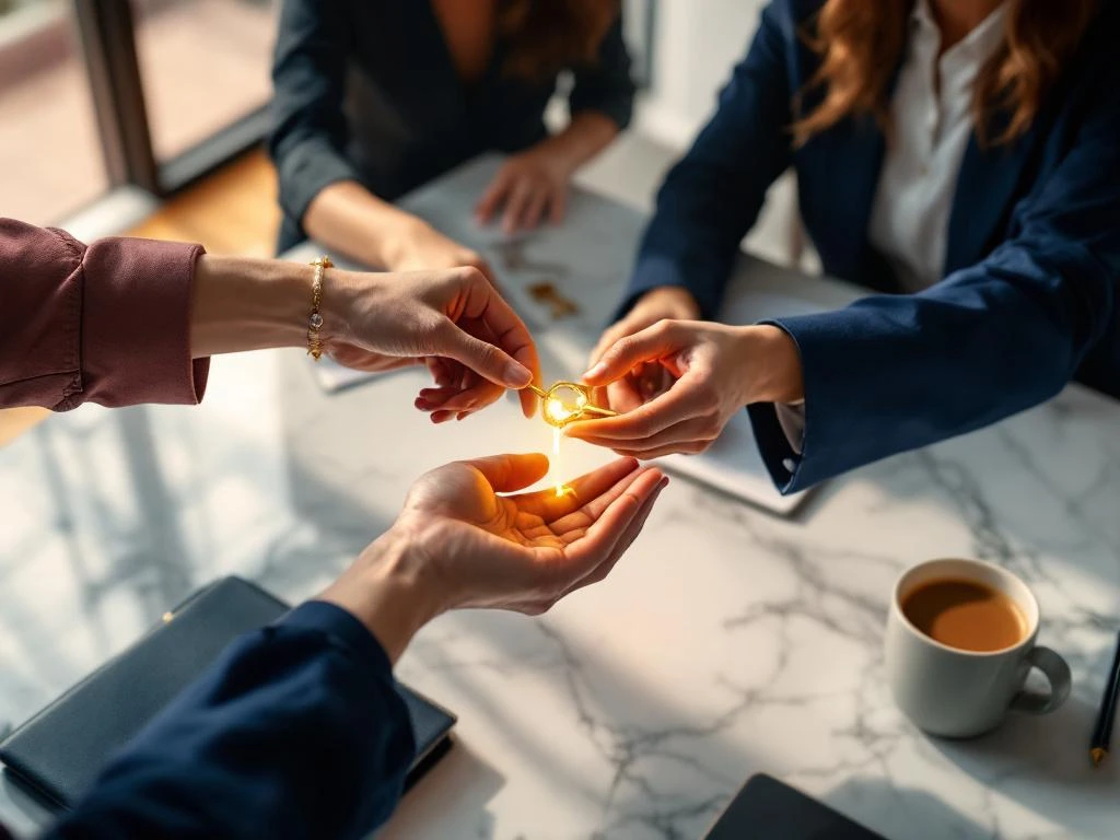Two professional women's hands exchanging a golden key across a marble conference table, symbolizing mentorship transfer