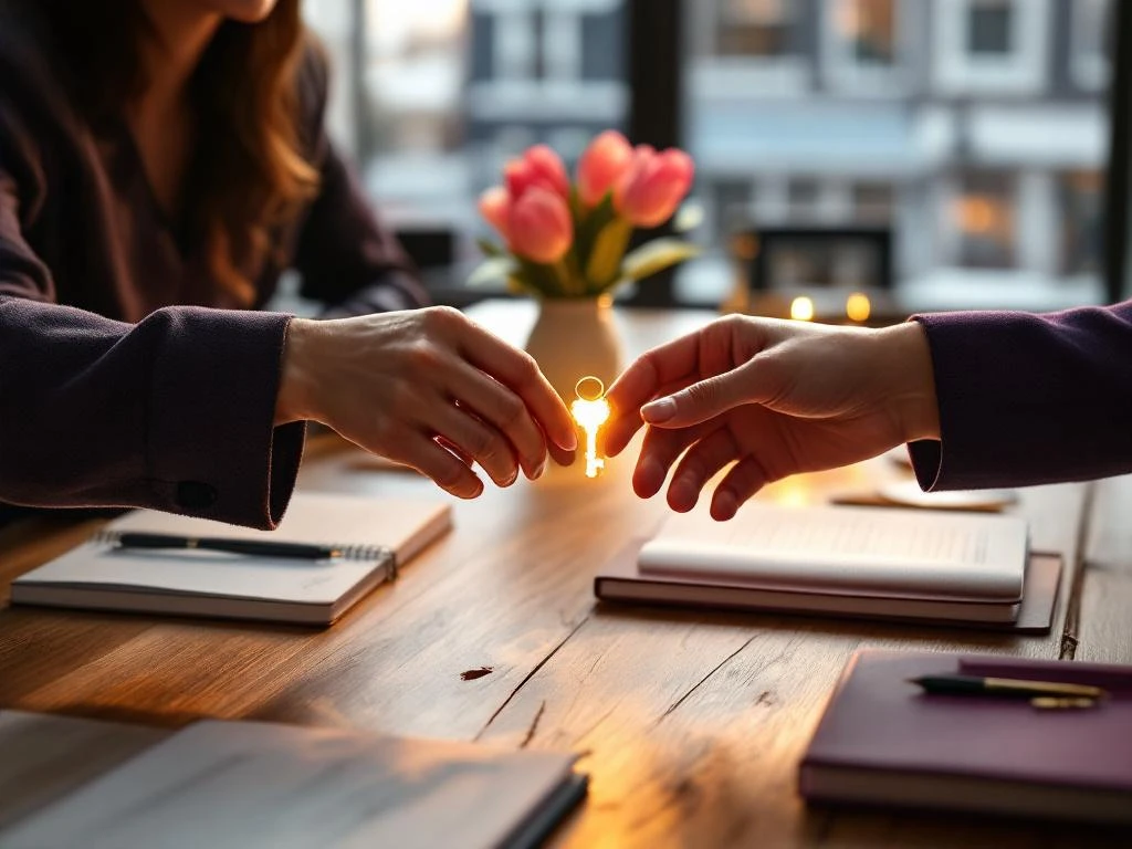 Two professional women's hands exchanging a golden key across a conference table in a mentorship gesture with tulips and notebooks