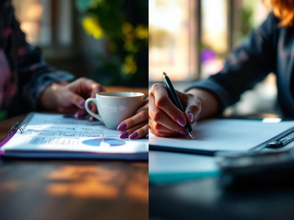 Two women mentoring over coffee contrasted with formal boardroom setting in split-scene composition