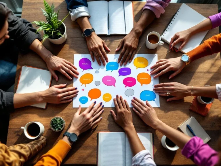 Diverse hands collaboratively arranging colorful speech bubbles and language symbols on wooden table in mentorship setting