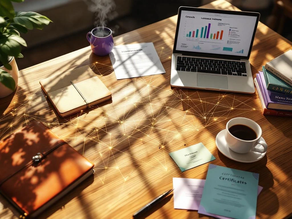 Aerial view of desk with golden threads connecting laptop, planner, books, and coffee cup in warm natural light