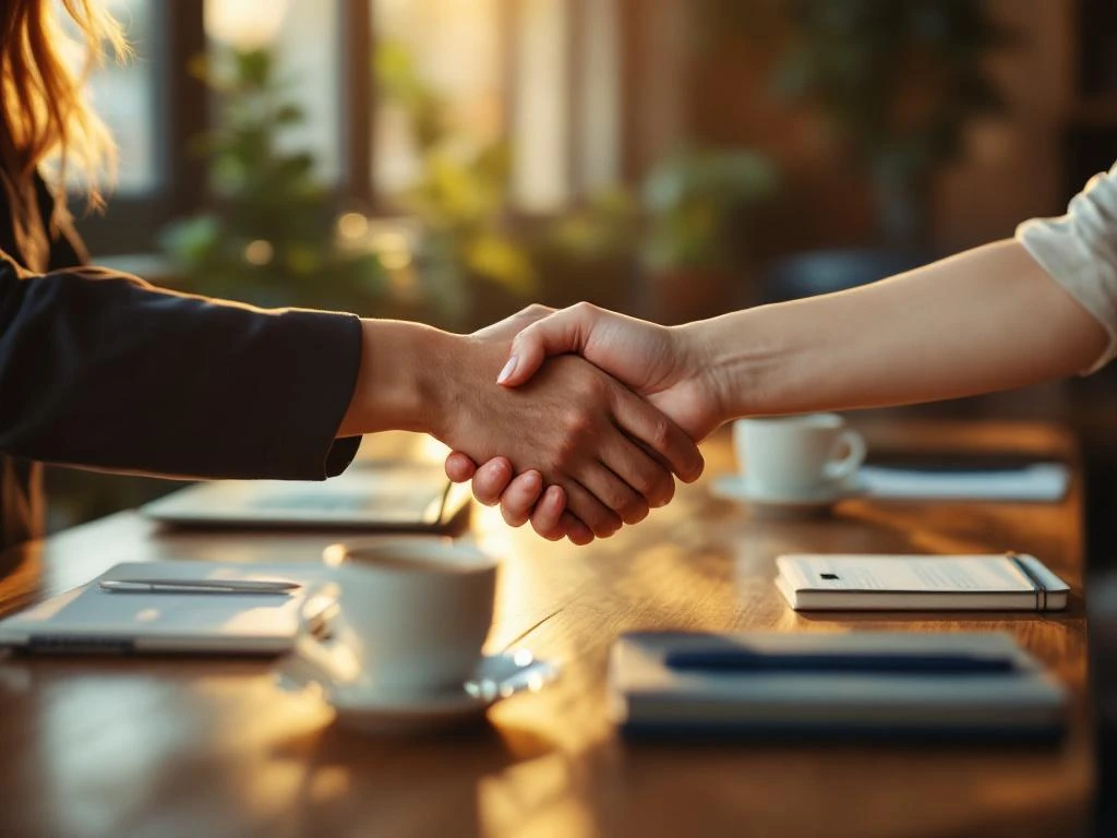 Two professional women shaking hands across a wooden table with laptops and coffee in a sunlit café