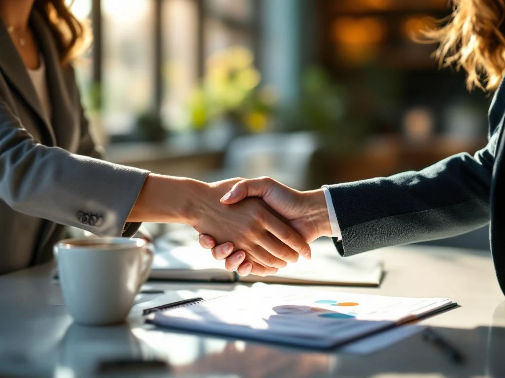 Two professional women shaking hands across desk with notebook and coffee in modern office with natural light