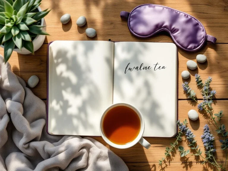 Overhead view of self-care wellness arrangement with journal, herbal tea, succulent, meditation stones, and eucalyptus on wood