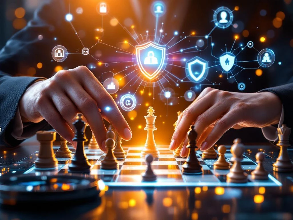 Professional woman's hands moving chess pieces on glowing board with holographic risk charts and strategic business symbols