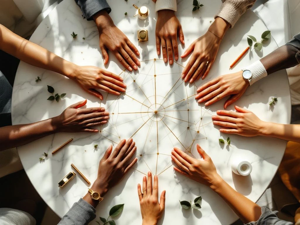 Diverse hands connecting in circular formation on marble surface with golden threads, green leaves, and notebooks symbolizing support network and growth