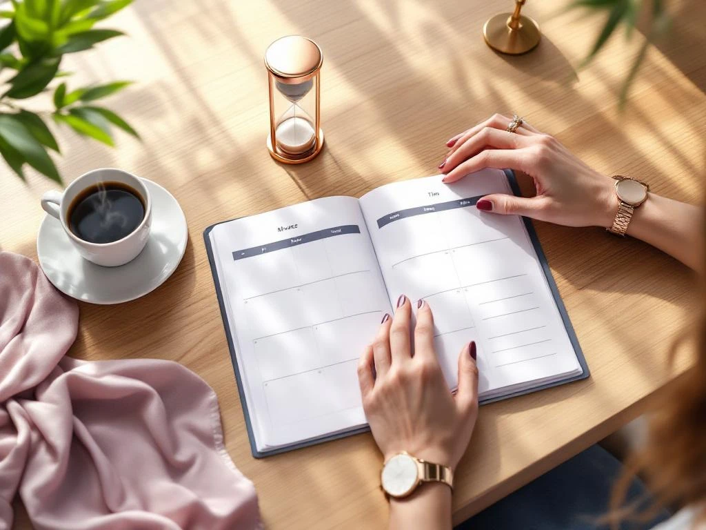 Woman's hands planning schedule in open planner on wooden desk with hourglass, coffee, and natural light suggesting work-life balance