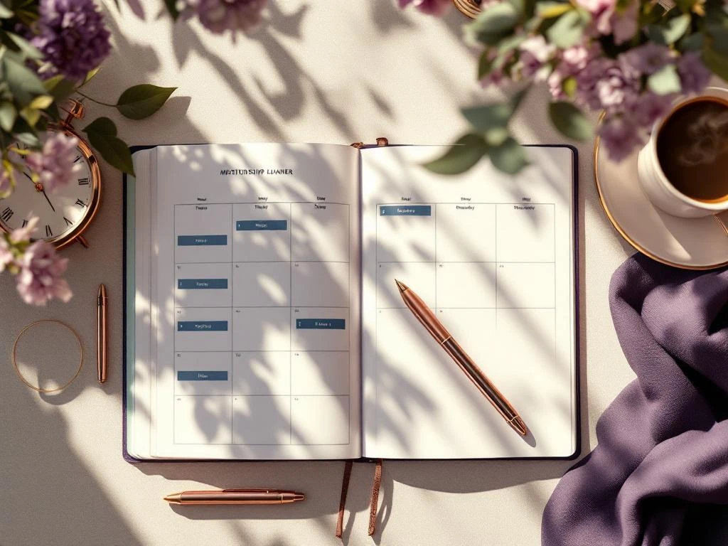 Open planner with highlighted weekly schedule on desk with coffee, rose gold pen, and clock showing time management