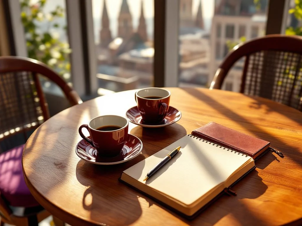Overhead view of coffee cups and open journal on wooden café table with Utrecht's Dom Tower visible through window in warm morning light