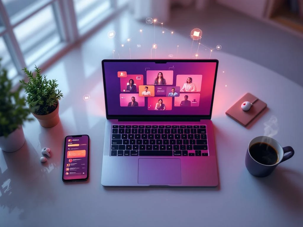 Laptop displaying video call grid with professionals beside smartphone showing mentorship app on minimalist desk with coffee