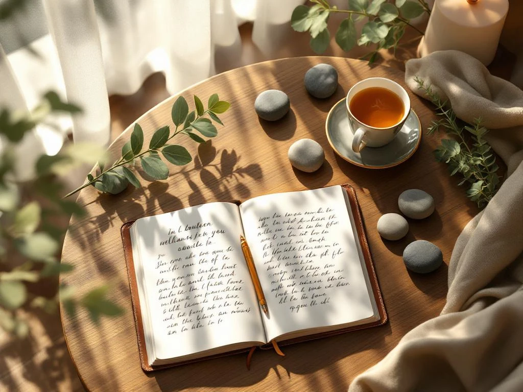 Open leather journal with handwritten notes beside herbal tea, eucalyptus, and meditation stones on wooden table in morning light