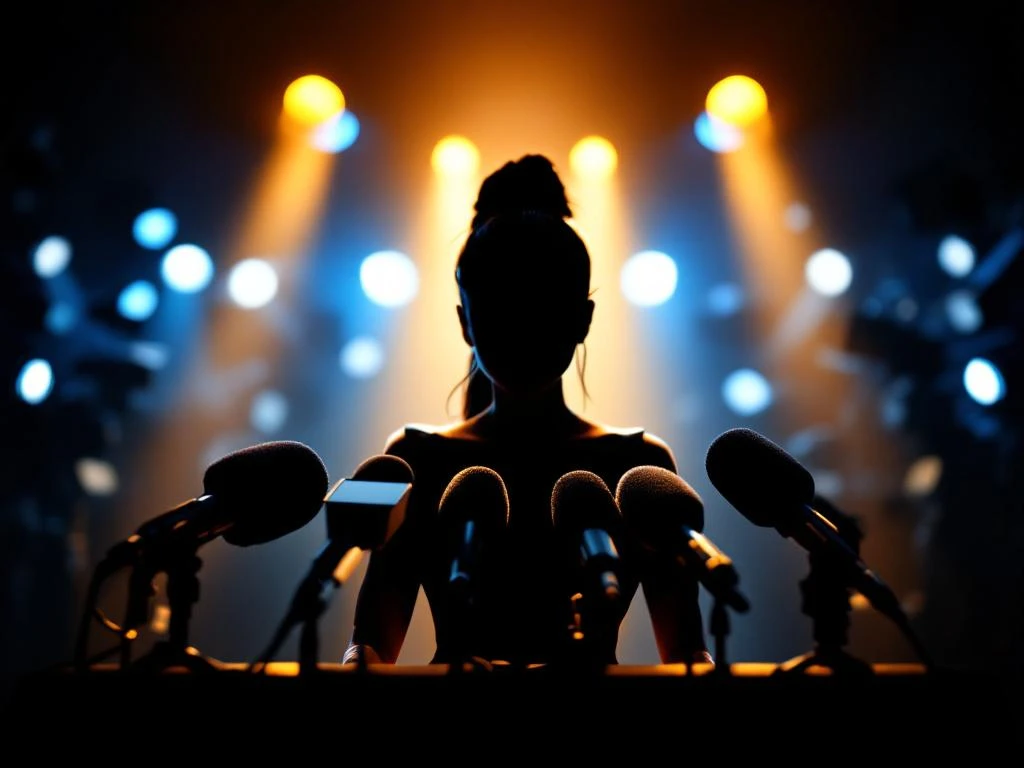 Woman's silhouette at press conference podium with multiple microphones under dramatic amber and blue stage lighting