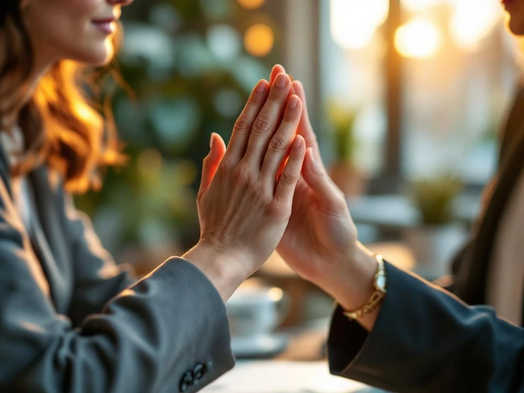 Two professional women's hands in mentoring gesture with one hand pointing upward in modern office workspace