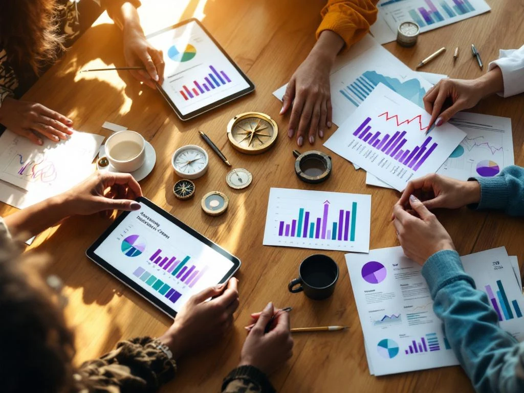 Diverse women's hands collaborating around data charts and sustainability reports on wooden conference table with natural lighting
