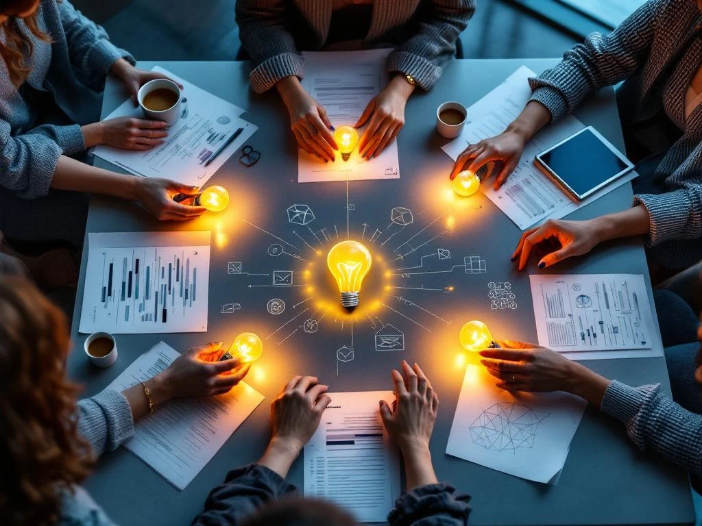 Diverse women's hands collaboratively arranging glowing lightbulbs on conference table during innovation brainstorming session