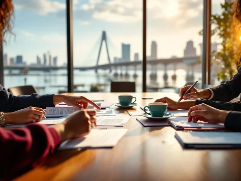 Diverse women's hands collaborating at conference table with Rotterdam's Erasmus Bridge visible through windows