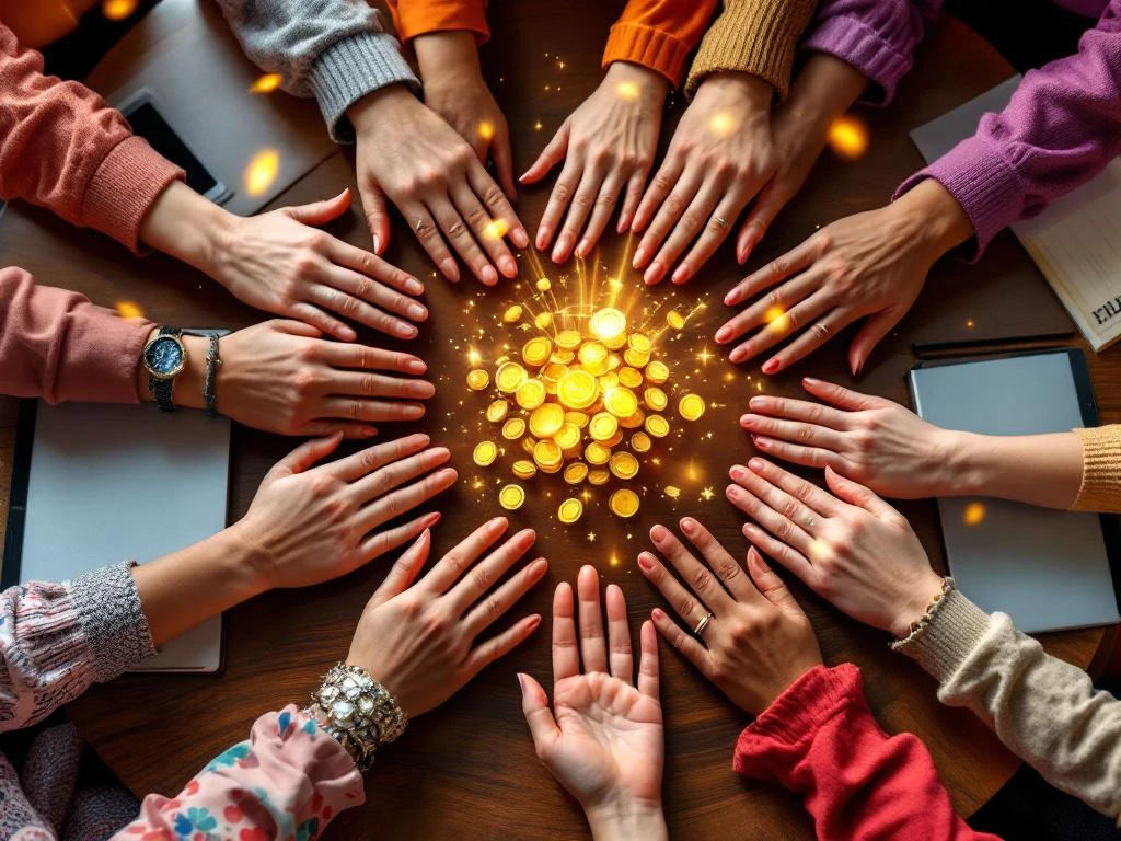 Diverse women's hands forming supportive circle on conference table with gold and purple lighting symbolizing mentorship