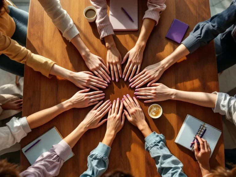 Diverse women's hands forming a circle on conference table, symbolizing unity and collaboration in professional mentorship