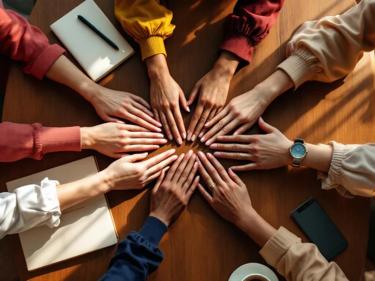 Diverse women's hands forming supportive circle on wooden table with notebooks and coffee cups in warm natural light