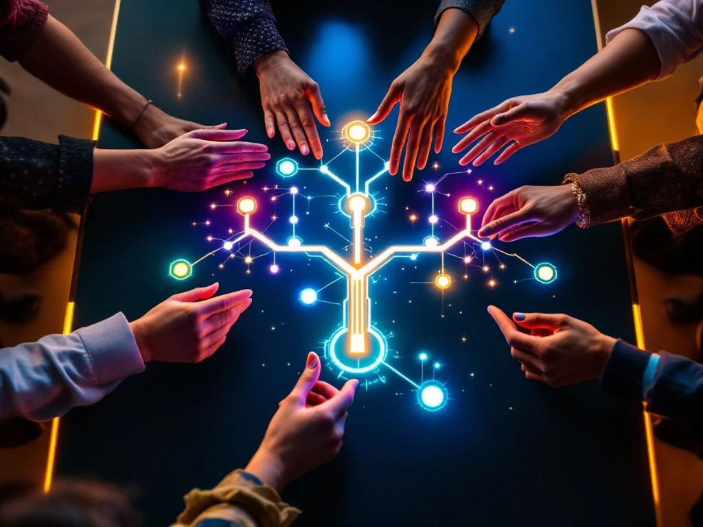 Diverse women's hands collaborating around holographic decision tree with glowing nodes on modern conference table