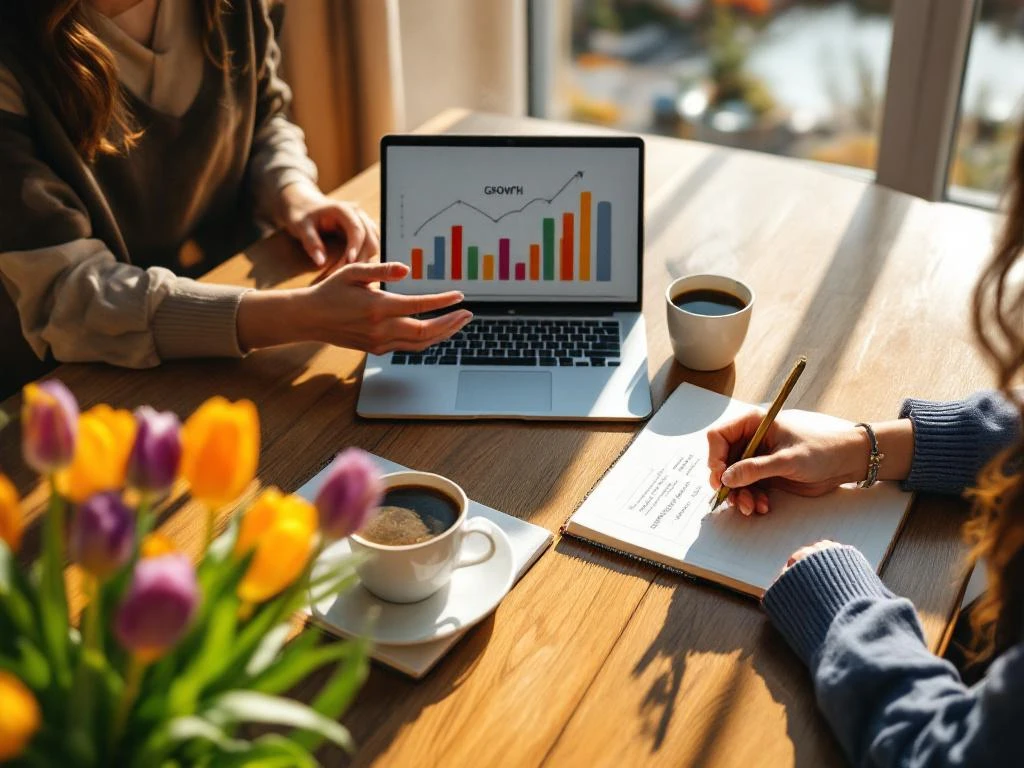 Two professional women's hands collaborating over laptop with growth charts, journal, and coffee during mentoring session