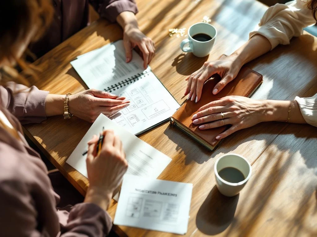 Two professional women's hands during mentoring session with documents, laptop, and coffee on wooden table
