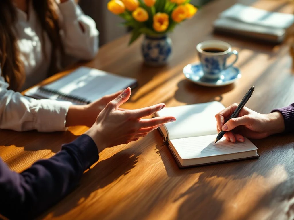 Two professional women's hands collaborating at a wooden table during a mentoring session with notebook and coffee cup
