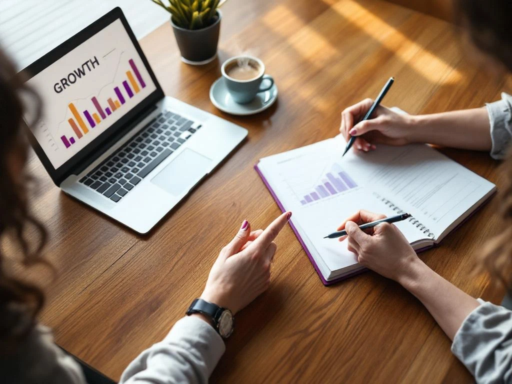 Two professional women's hands at mentoring session with laptop, journal, and coffee on wooden table