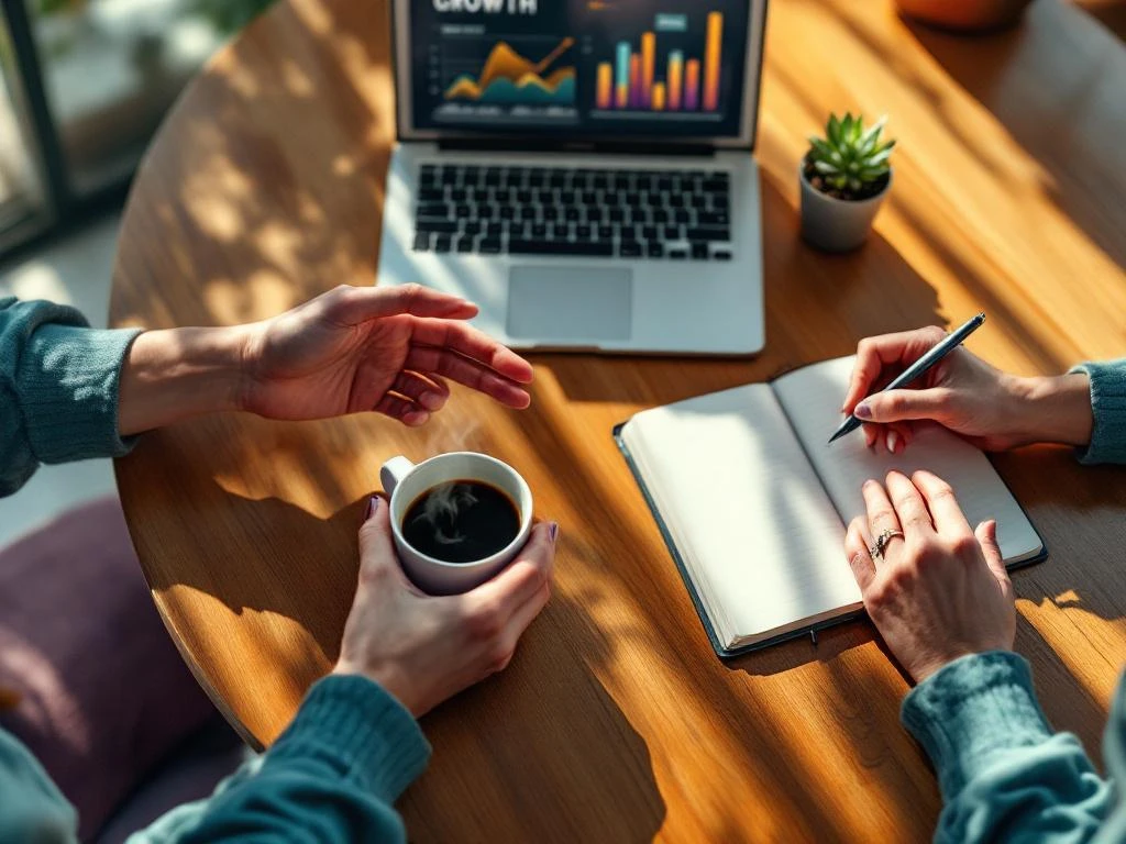 Two professional women's hands during mentoring session with journal, laptop showing growth charts, and coffee on wooden table